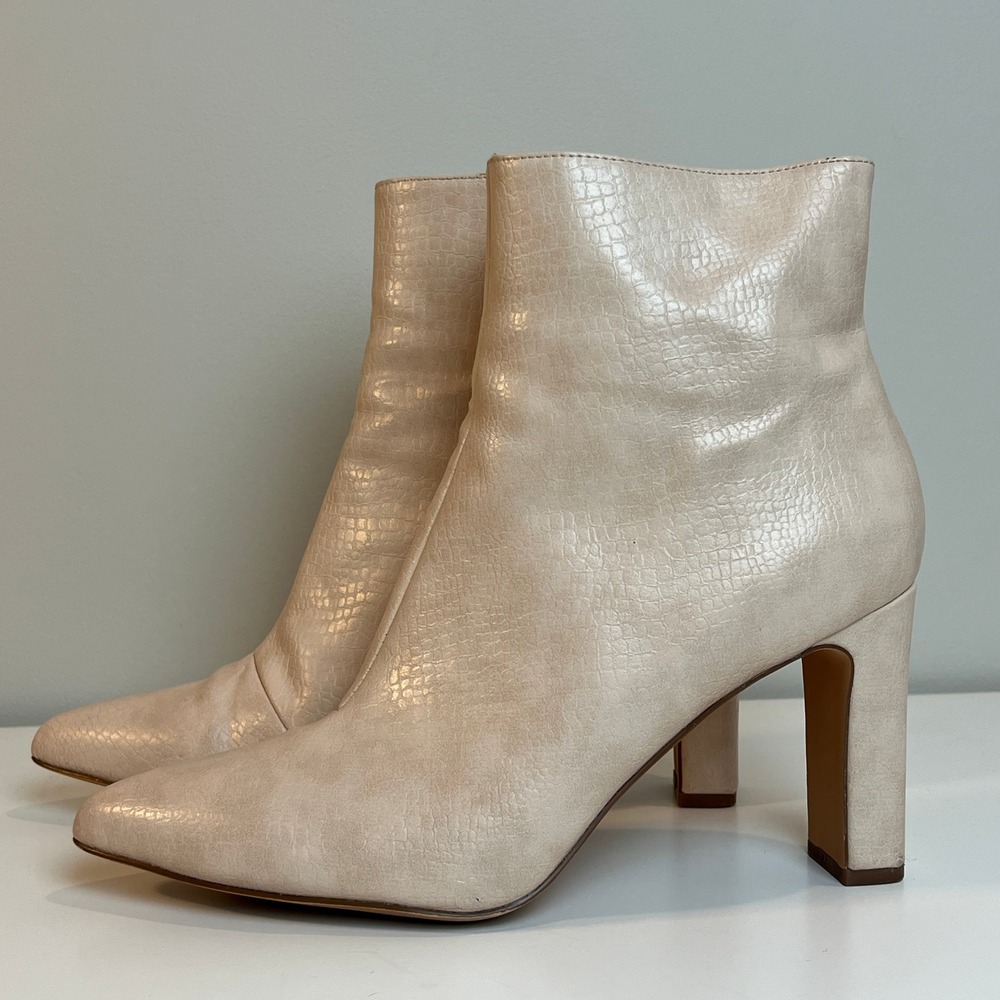 Vero Moda Womens Cream Croc Embossed Pointed Toe Block Heel Ankle Boots Size 9